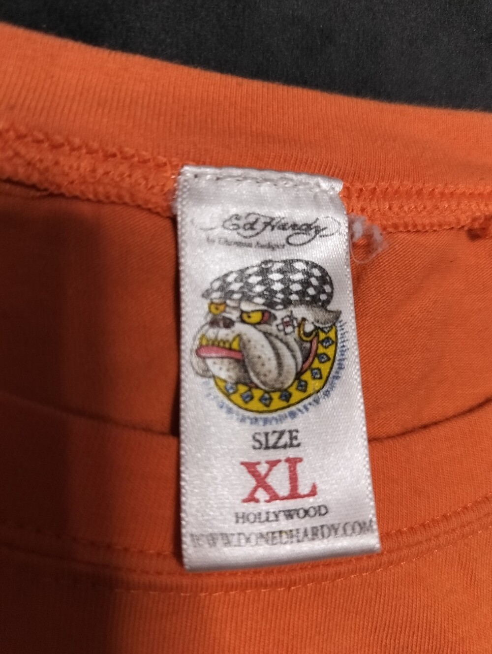 Vintage Ed Hardy Orange Graphic Tee with Rhinestone Gamble Motif - XL - Picture 5 of 9